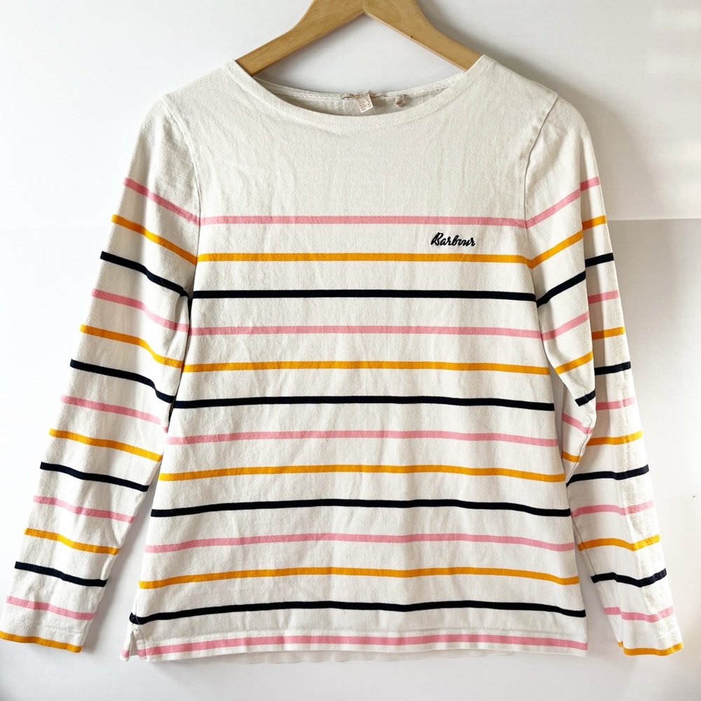Barbour Hawkins Long Sleeve Top in Cloud Stripe Womens Size 8 Stripe Cotton Tee